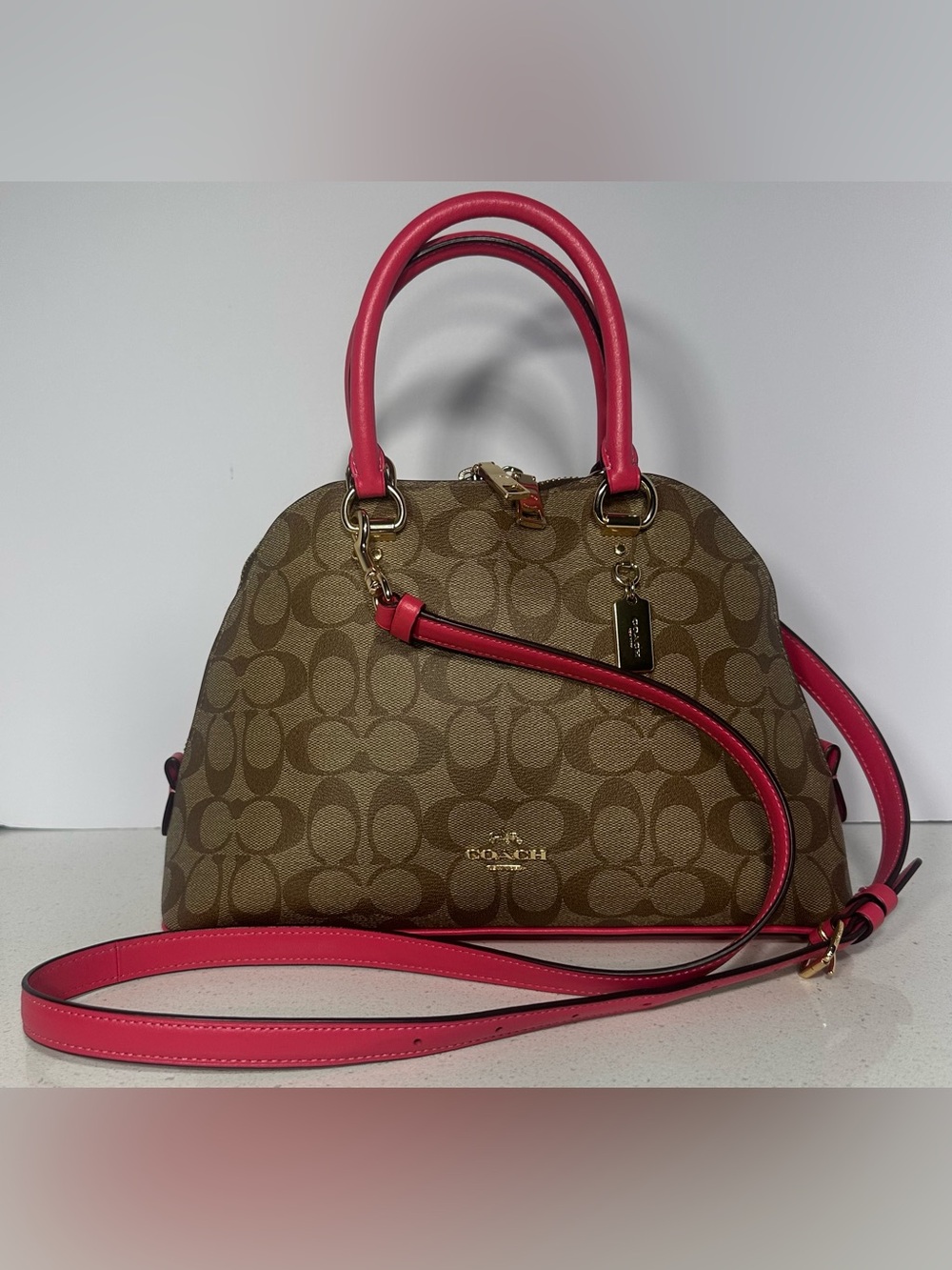 Coach 2020 Signature Katy Satchel Crossbody Handbag In Khaki Fuchsia. Like New!